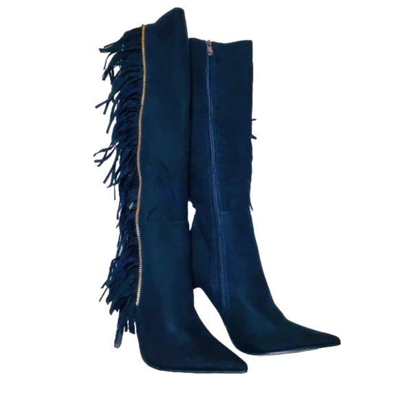 Knee High Heeled Boots with Fringe - Picture 1 of 6